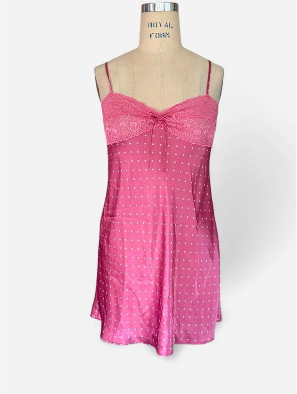 Morgan Taylor Pink Polka Dot Lace Bust Slip Chemise Mini Dress